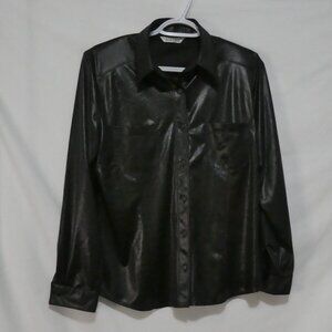 EGELINE | size 2 | Shiny Black Button-Up Polyester Shirt With Shoulder Pads
